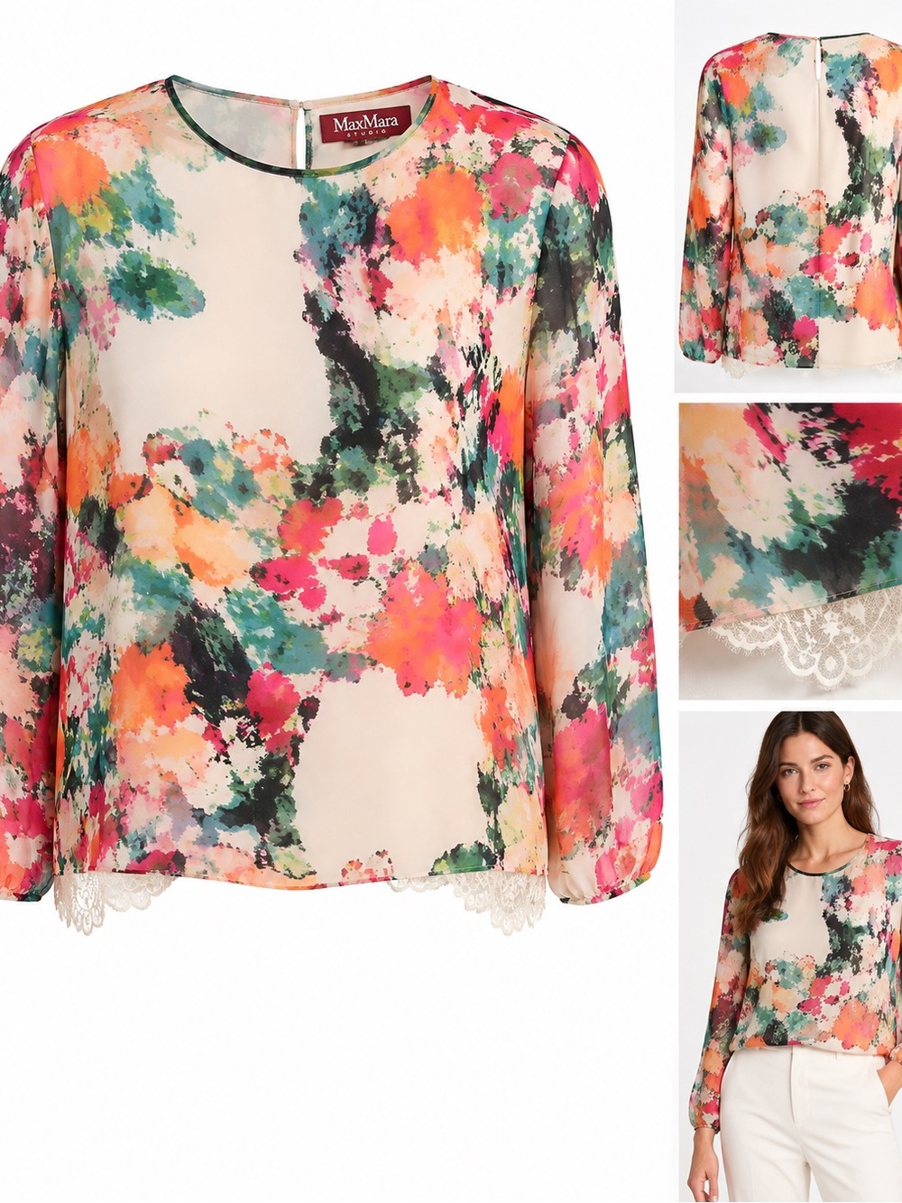 MaxMara Sheer Watercolor Floral Blouse in Pink, Orange, Green, Cream